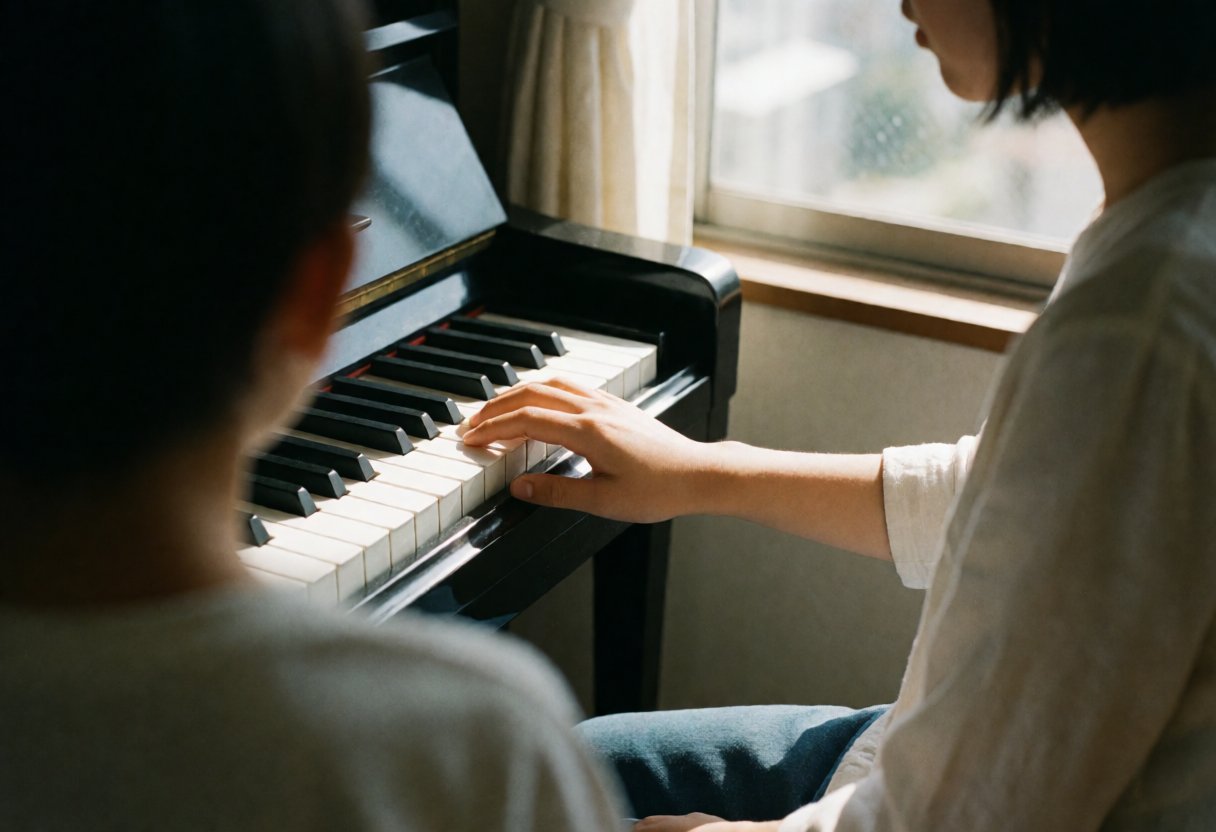 ピアノの鍵盤に手を置く子供