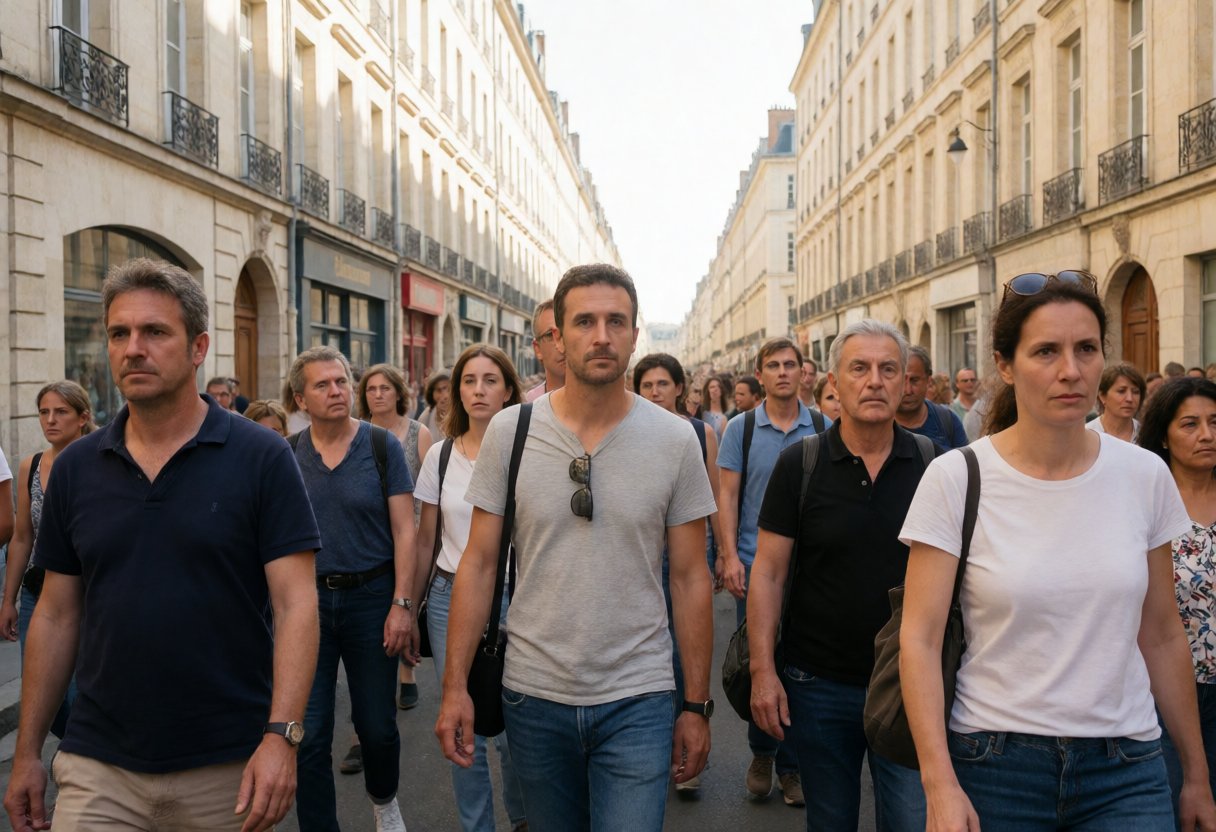 フランスの街路を歩くデモ参加者のイメージ（AI生成）
