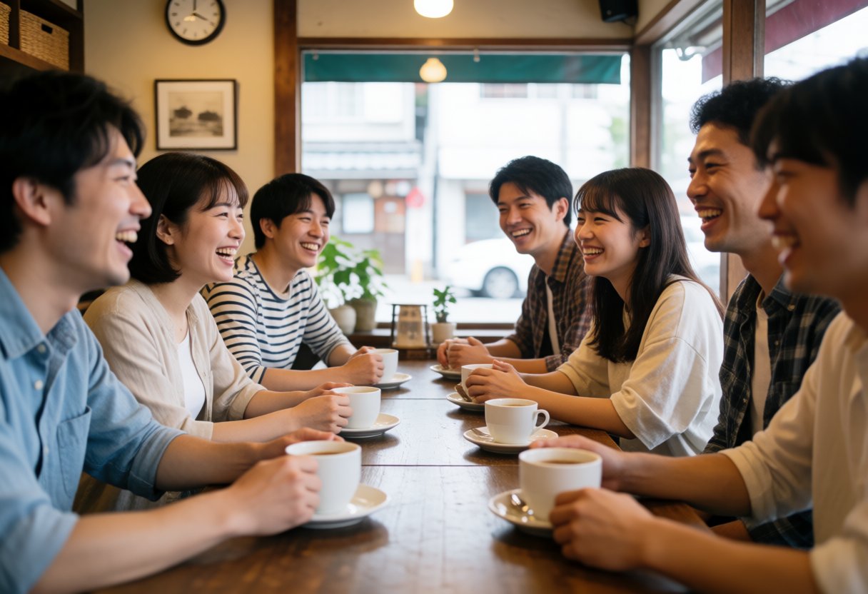 友達とカフェで笑顔で会話