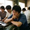 作業員が機械に凭れ思考する