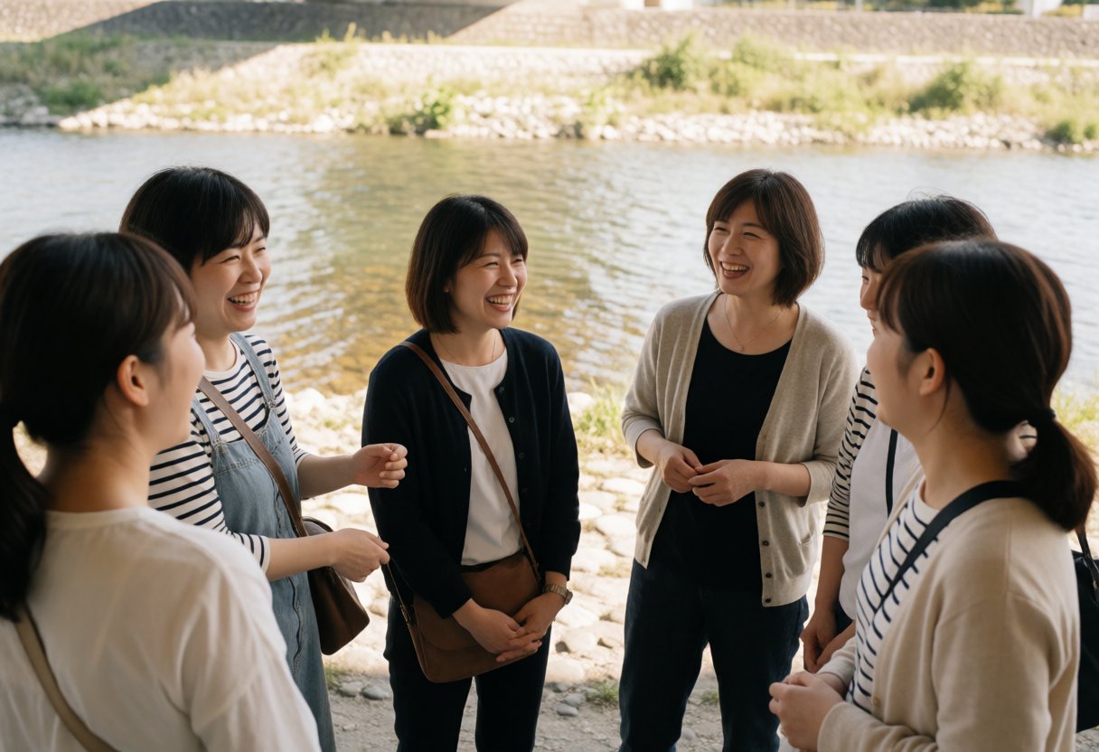 川べりで談笑する女性たち