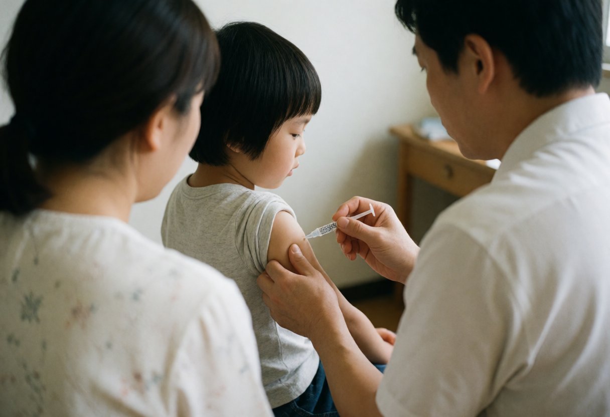 腕に注射を受ける子供の横からのショット