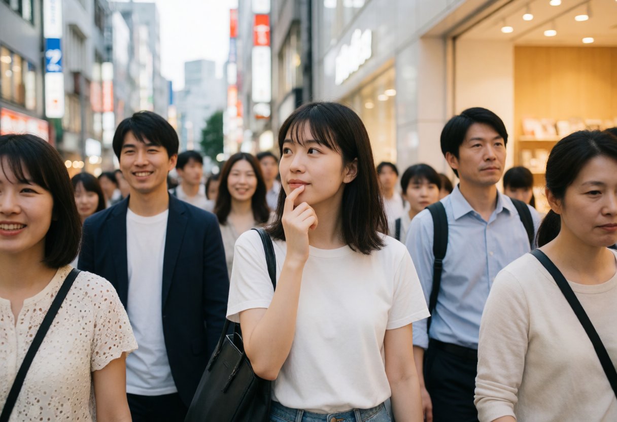 若い女性が思いを巡らせながら歩く