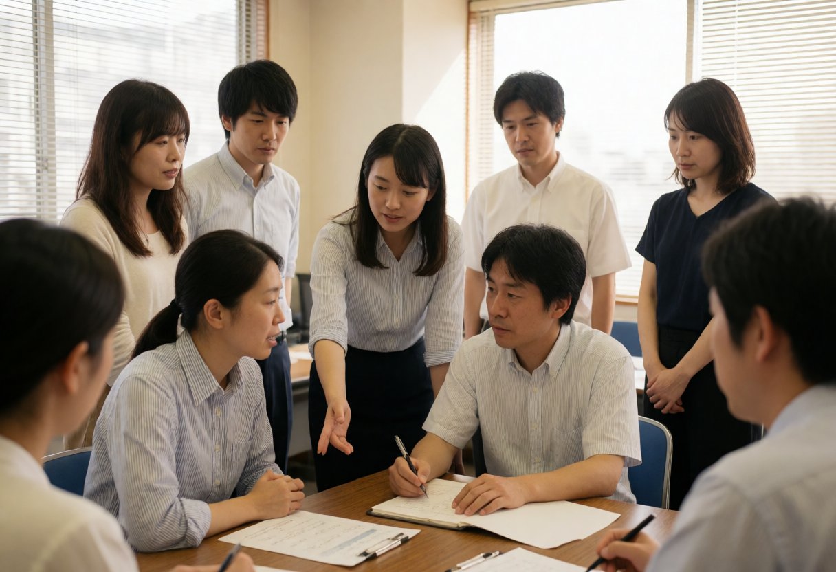 会議室で問題を話し合うオフィスワーカー
