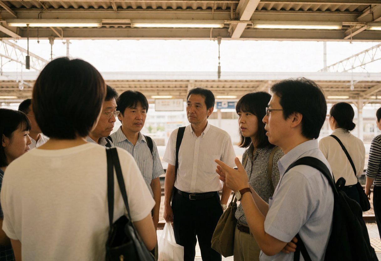 駅で話し合う人々