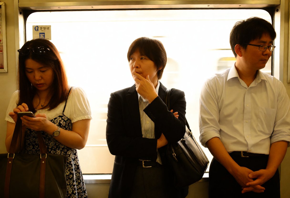 日本の駅で電車を待つ間、考え込む通勤者