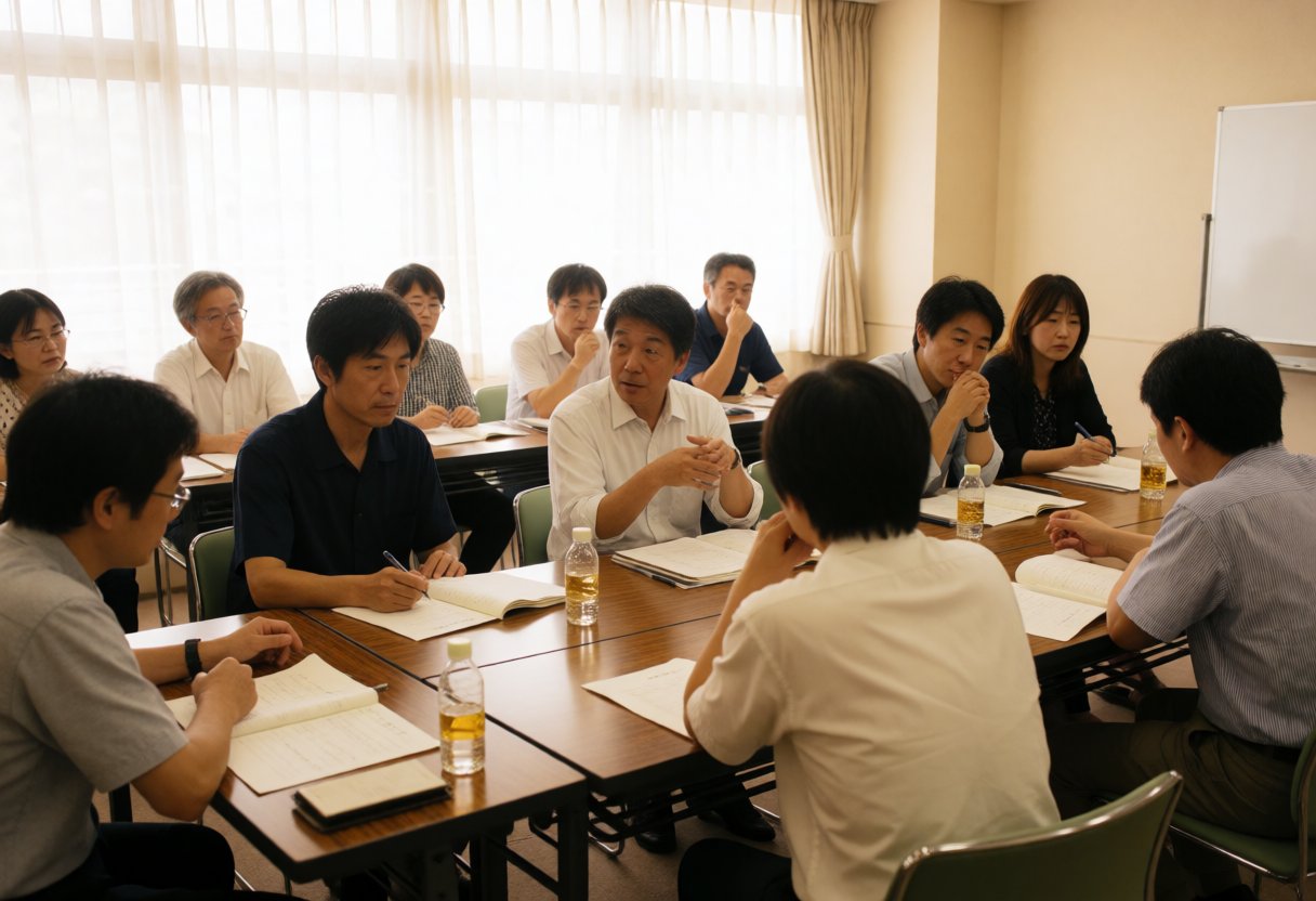 日本の会議室で遺伝学を議論する学者たち