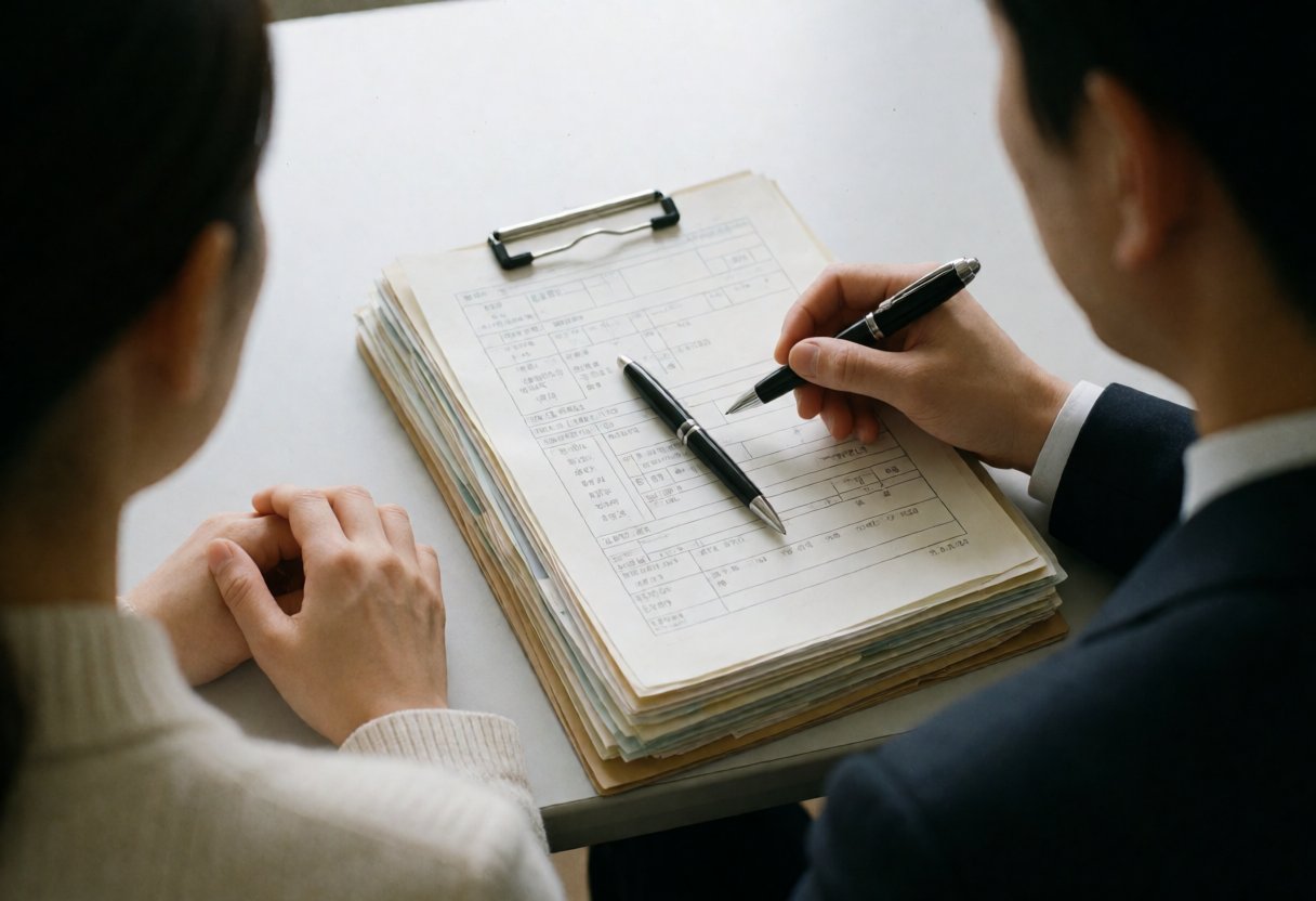 上から見た、鉛筆が置かれた診療記録の束