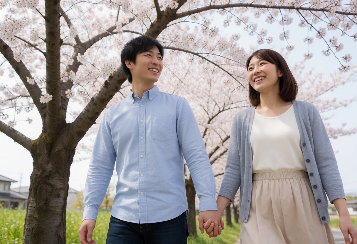 カップルが桜の下を歩く