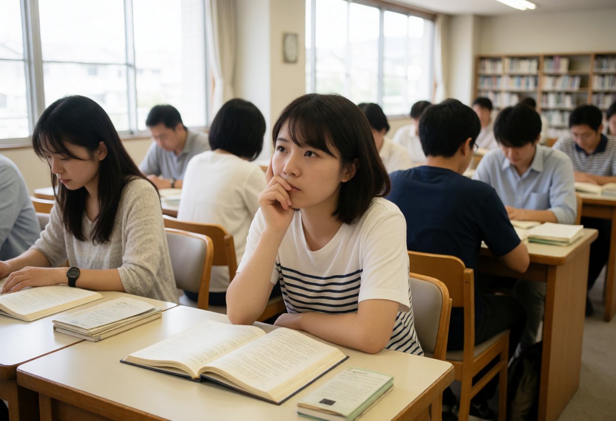 静かな図書館の机で深く考え込む若い女性