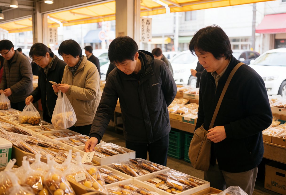 日本の市場で商品を選ぶのに迷う人