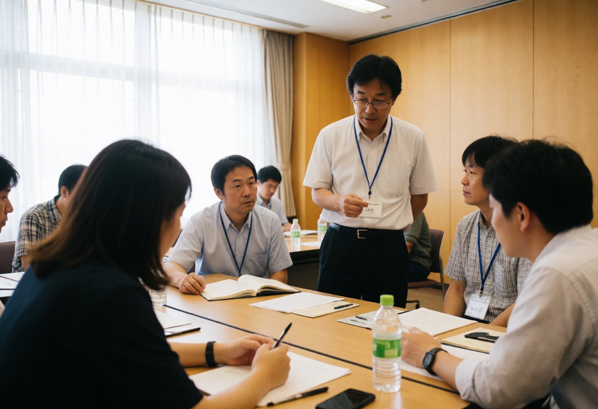 教授と同僚が会議室で話し合う